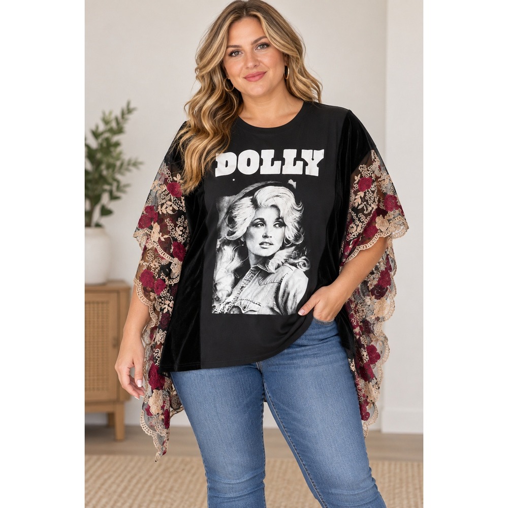Dolly Parton Upcycled Graphic Tee Velvet Floral Embroidered Sleeve Top One size